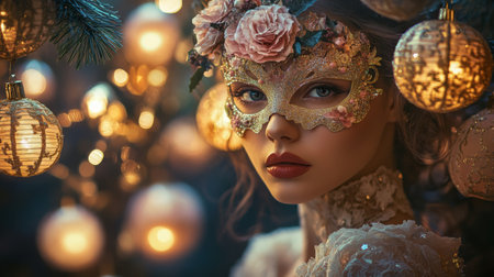 Elegant masked woman adorned with flowers and lights during an evening celebrationの素材