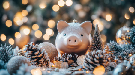A piggy bank sits among Christmas decorationsの素材