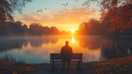 A solitary figure watching the sunset across a serene lake surrounded by autumn foliage in a tranquil park setting. Generative AIの素材