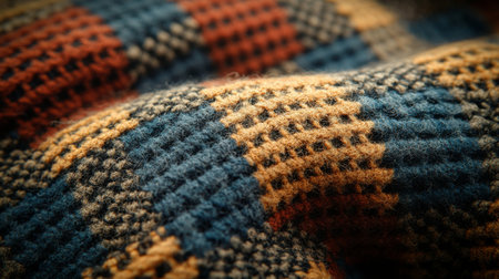 Close-up view of a textured woven fabric in various colors resting on a surface showcasing intricate patterns and fibers. Generative AIの素材