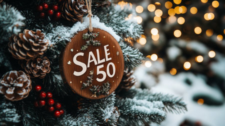 Winter holiday sale sign hangs on a decorated Christmas tree in a festive settingの素材