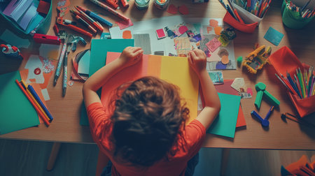 A child is creating art with colorful paper and a variety of art suppliesの素材