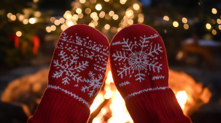 Warm holiday mittens in front of a glowing fire and illuminated Christmas tree at nightの素材