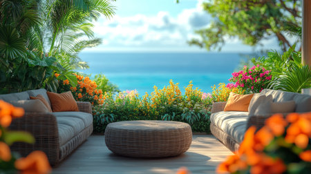 A tranquil outdoor lounge surrounded by vibrant flowers and a stunning ocean view during a sunny day. Generative AIの素材
