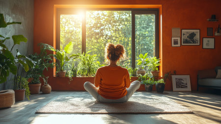 Woman meditating peacefully in a sunlit room filled with plants during the morning hours. Generative AIの素材