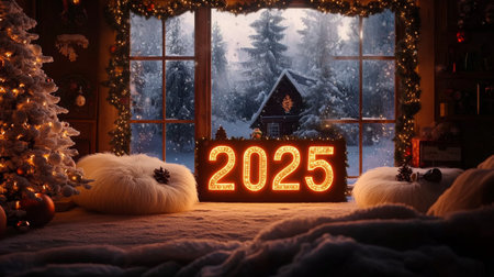 Cozy winter interior decorated for Christmas with a glowing 2025 sign by the windowの素材