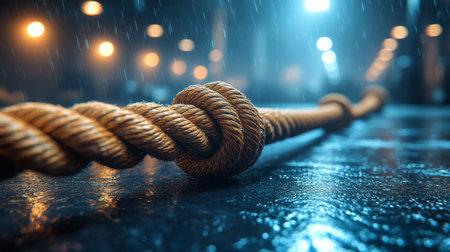 A close-up of a thick rope resting on a wet floor in a dimly lit indoor space illuminated by soft lights on a rainy evening. Generative AIの素材