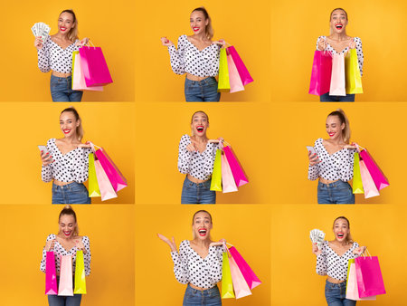 Shopping joy during Black Friday sale with colorful bags and discountsの写真素材
