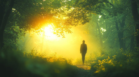 A solitary figure walks along a sunlit path through a lush green forest during the early morning hours. Generative AIの素材