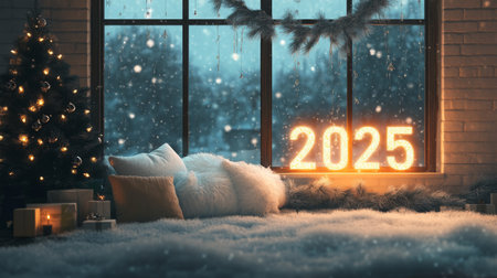 Cozy indoor setting with glowing 2025 and Christmas tree near a window during snowfallの素材