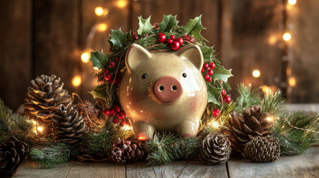 A festive piggy bank with holly and pinecones glows among holiday lightsの素材