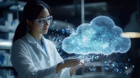 Scientist engaged in innovative cloud computing research inside a modern laboratoryの素材