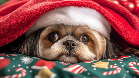A cozy dog in a Santa hat nestled under a red blanket during the holiday seasonの素材