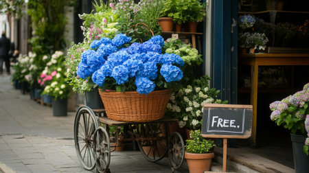 Beautiful blue hydrangeas offered for free in charming flower shop on a sunny dayの素材