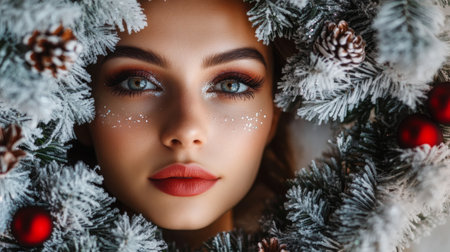 A woman with enchanting makeup framed by a festive holiday wreath adorned with decorationsの素材