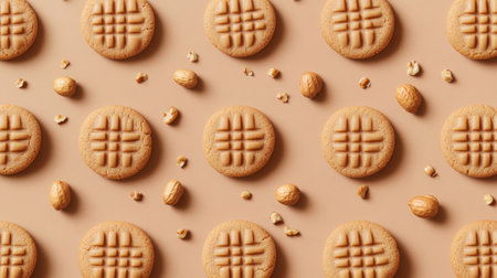 Delicious peanut butter cookies arranged on a simple brown background with scattered nutsの素材