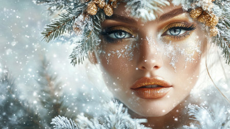 Winter beauty with shimmering snow and nature embellishments in a serene forest settingの素材