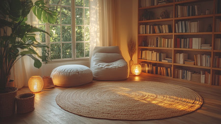 Cozy reading nook with soft seating and warm lighting in a serene home library during the golden hour. Generative AIの素材