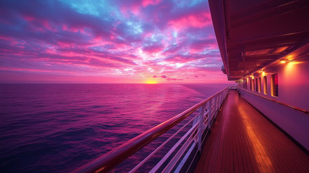 Breathtaking sunset viewed from a cruise ship deck over the calm ocean on a vibrant evening. Generative AIの素材