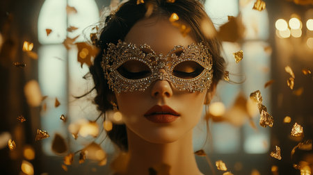 Elegant masked woman surrounded by golden confetti in a grand hall during an evening eventの素材