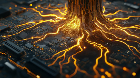 Electric currents emanate from a computer circuit board resembling a volcanic eruptionの素材