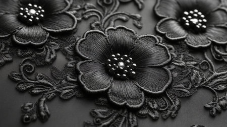 Elegant black embroidered flowers with intricate details on a dark fabric background showcasing textile artistry. Generative AIの素材