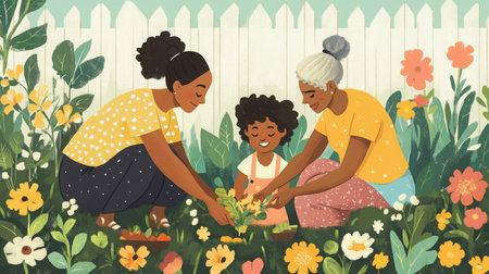 Three generations of women tend to a garden in the springの素材