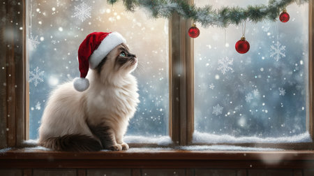 A fluffy cat wearing a Santa hat gazing out a snowy window during the holiday seasonの素材