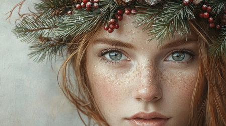 A young woman adorned with evergreen branches and berries during the winter seasonの素材