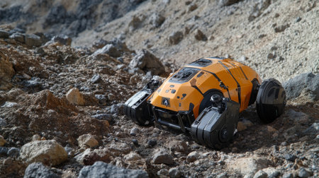 A robotic vehicle exploring rugged terrain filled with rocks and dirt in a remote locationの素材