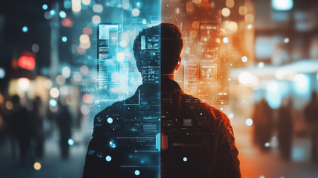 A figure stands amidst a digital landscape representing technology and urban life at nightの素材