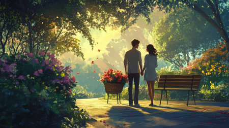 Romantic couple holds hands in a vibrant garden during sunset with blooming flowersの素材