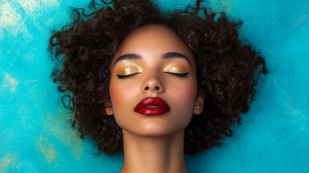 A woman with curly hair lays on a blue background with her eyes closedの素材