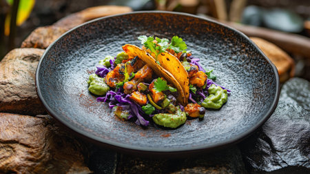 Colorful plate of shrimp tacos with guacamole on rustic stone surface in a natural settingの素材