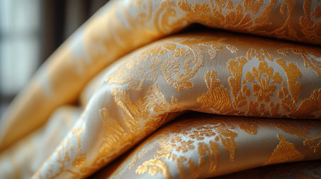 Luxurious folded fabric with intricate golden patterns showcased in natural light in a stylish interior setting. Generative AIの素材