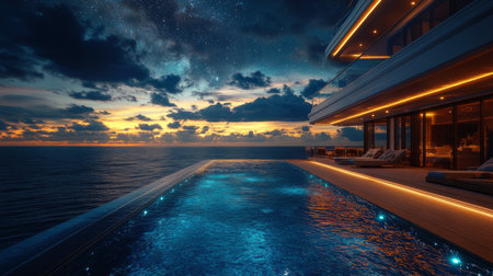 Luxurious waterfront property featuring a stunning infinity pool at sunset overlooking the ocean and a beautiful sky. Generative AIの素材