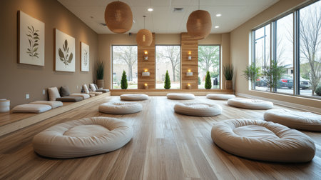Relaxing meditation space with soft cushions and natural decor in a serene, light-filled room during daylight hours. Generative AIの素材