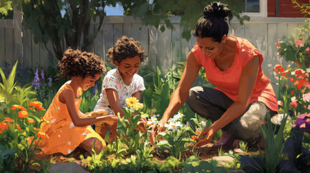 A mother and daughters enjoying gardening in vibrant backyard filled with colorful flowersの素材