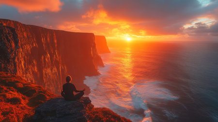 A tranquil moment on the cliffs at sunset with a peaceful figure meditating by the oceans edge. Generative AIの素材