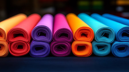 Colorful rolled yoga mats arranged neatly in a row showcasing vibrant hues at a wellness studio in the afternoon light. Generative AIの素材