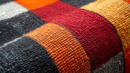 Textured woven blanket with vibrant colors resting on a surface during a cozy indoor setting in autumn. Generative AIの素材