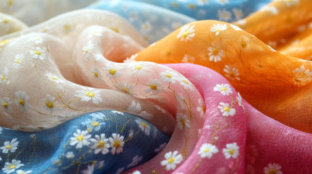 Colorful chiffon fabric draped elegantly with delicate flower patterns in a soft light setting. Generative AIの素材