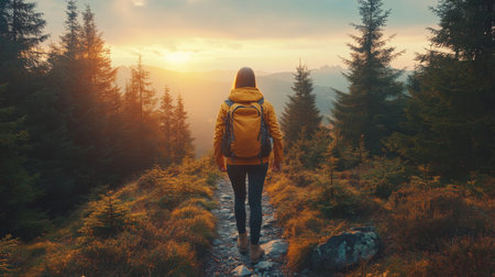A hiker walking on a forest trail at sunset while carrying a backpack in a scenic natural landscape. Generative AIの素材