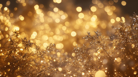 Golden lights create a beautiful bokeh effect behind delicate branchesの素材