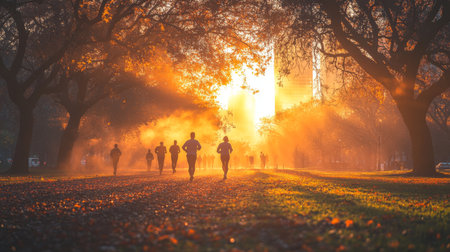 Runners jogging along a tree-lined path during sunrise in a serene park setting filled with autumn colors and warm sunlight. Generative AIの素材