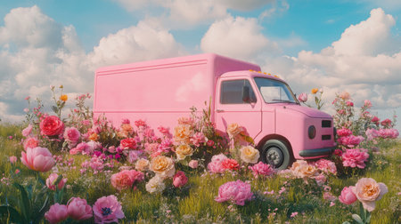 Unique flower delivery truck surrounded by vibrant blooms in a picturesque fieldの素材