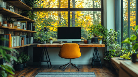 A cozy home office with wooden desk and vibrant plants, located in a sunlit room surrounded by large windows in autumn. Generative AIの素材