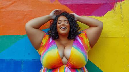 A joyful woman poses against a colorful mural while enjoying a sunny afternoon outdoorsの素材