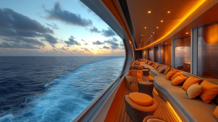 Luxurious yacht deck with modern seating and sunset view over the ocean during a serene evening cruise. Generative AIの素材