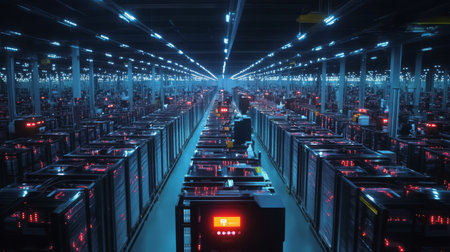 High-tech warehouse filled with automated machines and glowing lights during evening hoursの素材
